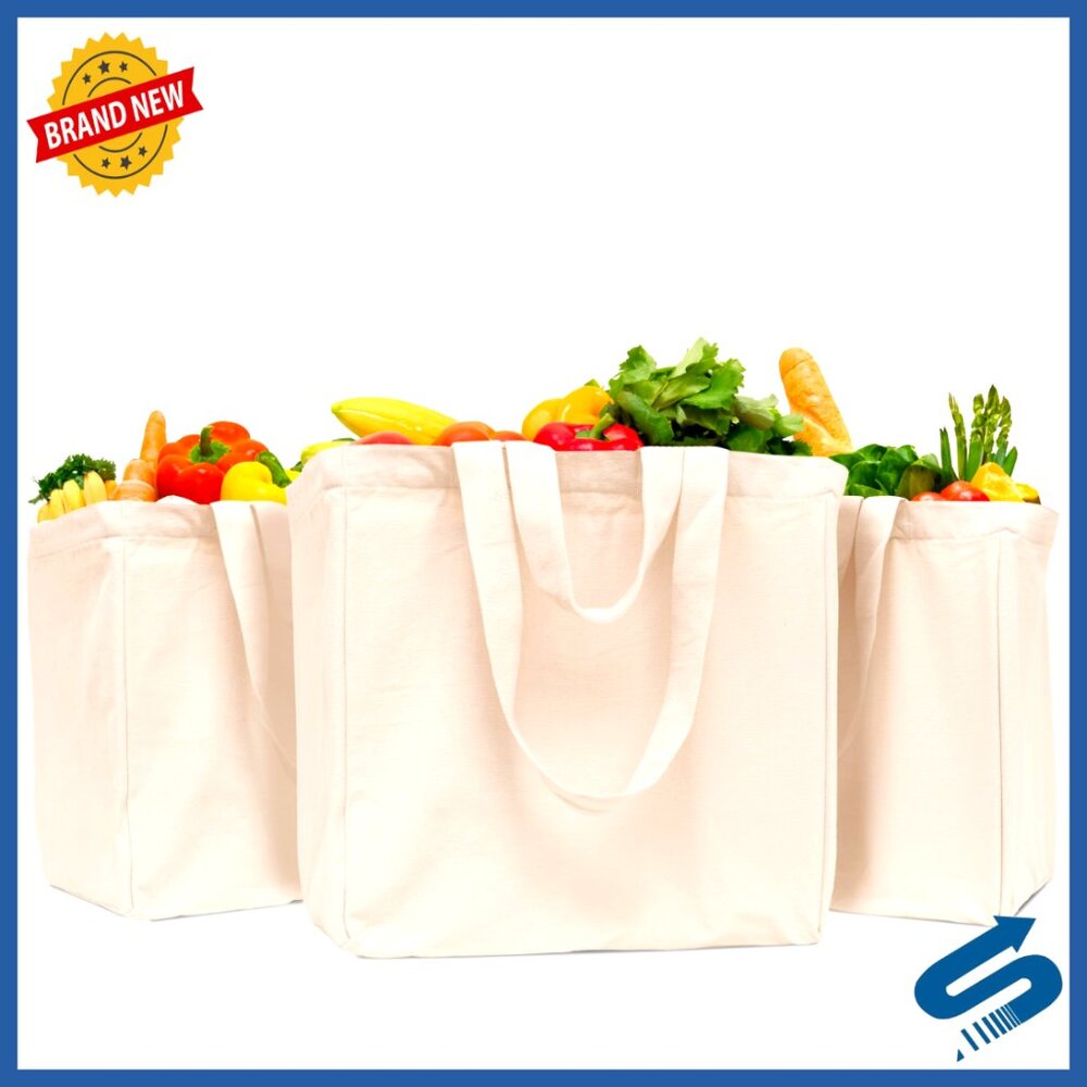 Reusable Canvas Grocery Tote Bags Heavy Duty Foldable Washable 3 Pack